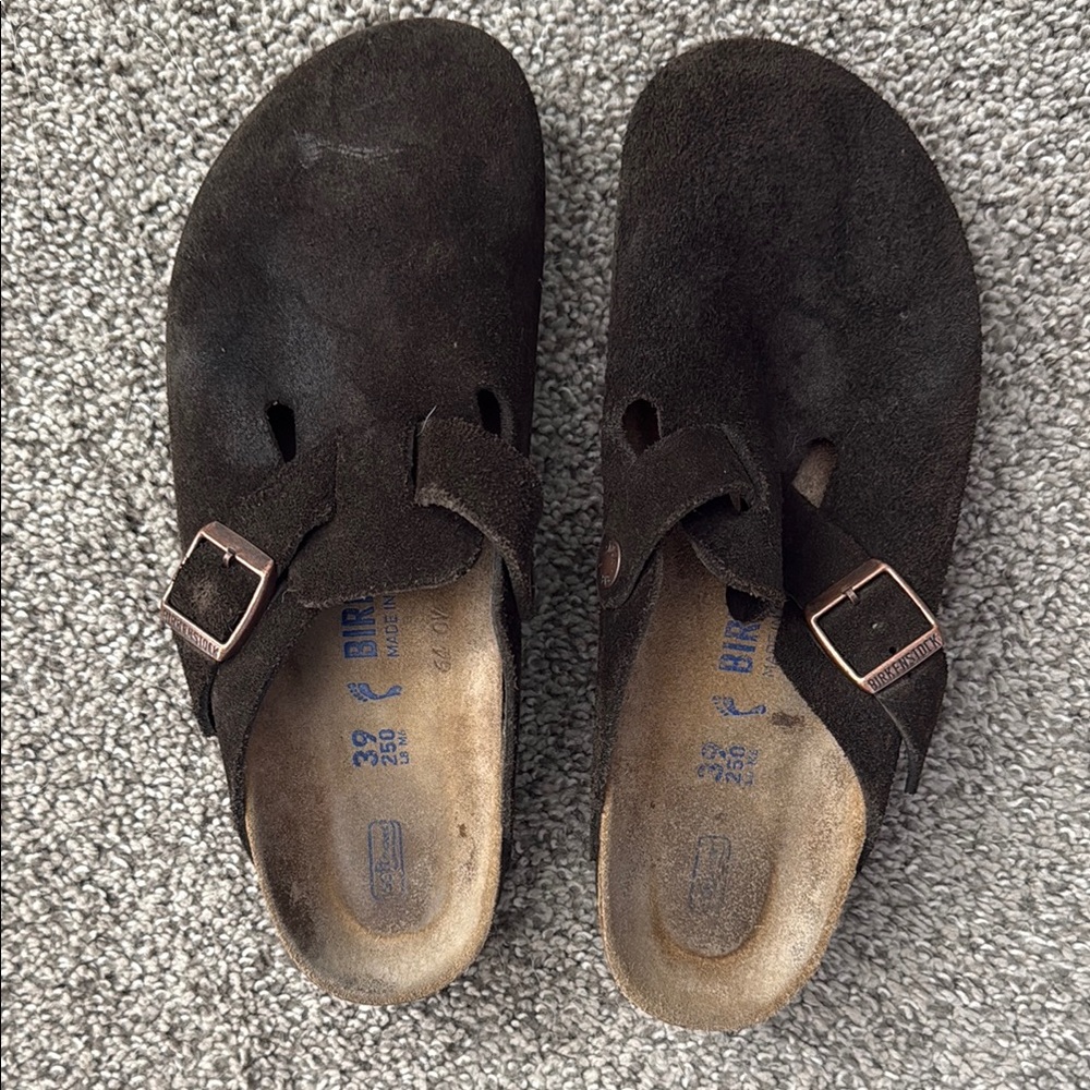 Birkenstock Dark Suede Clogs with Buckles